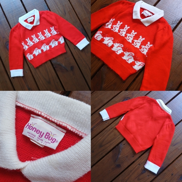 Vintage 80's baby little girls toddler red white bunny rabbit knit sweater - Picture 4 of 5